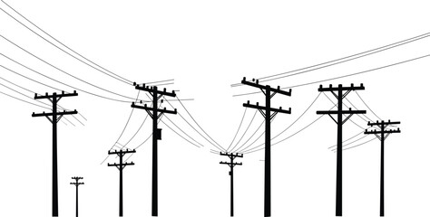 Flat vector silhouette, utility poles with power lines, electricity distribution network, birds on wires, energy infrastructure, electrical grid, industrial design illustration