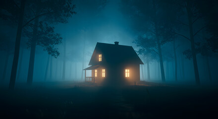 A lonely dwelling tucked deep within a dense, misty forest, its windows warmly lit against the dark, mysterious night