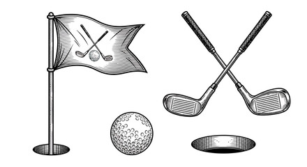 Engraved style golf essentials flag with clubs, textured ball, crossed irons, and putting green hole graphic