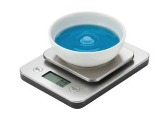 Isolated bowl of blue liquid, digital scale, weighing device for culinary ingredient