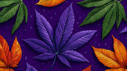 Colorful autumn and cannabis-like leaves in green, orange, and purple on a purple background with water droplets.