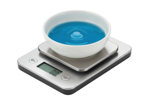 Isolated bowl of blue liquid, digital scale, weighing device for culinary ingredient