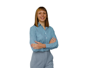 Confident businesswoman smiling with arms crossed, portraying professionalism and success on transparent background
