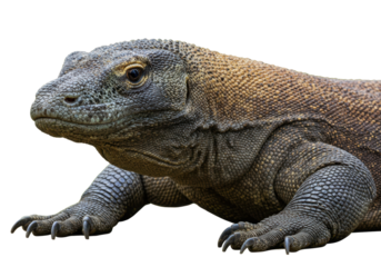 Isolated komodo dragon on plain background, reptile in full length, close-up on lizard head