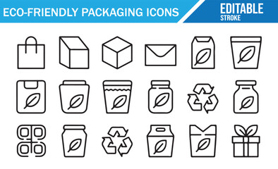 Set of Eco-Friendly Packaging Icons with Leaf Symbol for Sustainable Solutions