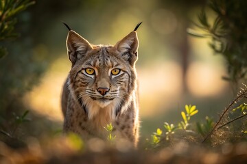 Fototapeta premium Majestic Eurasian Lynx in Golden Forest Light | 8K Realistic Wildlife Portrait