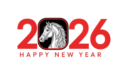 Happy new year 2026 with horse zodiac sign isolated on transparent background red numbers with horse head in black frame for calendar design