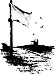 Obraz premium Gothic grunge street scene with birds and torn flag - black and white illustration design
