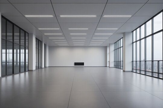 Moderner leerer B&uuml;roraum mit gro&szlig;en Fenstern minimalistisches Design hell neutral Architektur Glas Geb&auml;ude