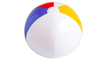 A close-up shot of a classic beach ball, brightly colored and round, isolated