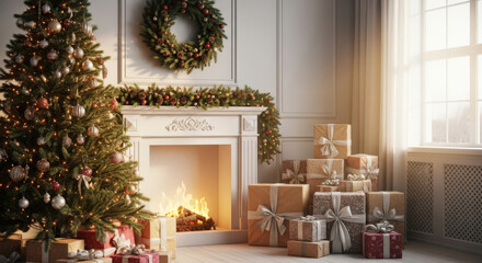 A Cozy Interior Featuring a Decorated Tree, Fireplace, and Neatly Stacked Gifts, Evoking a Warm and Inviting Atmosphere for the Season