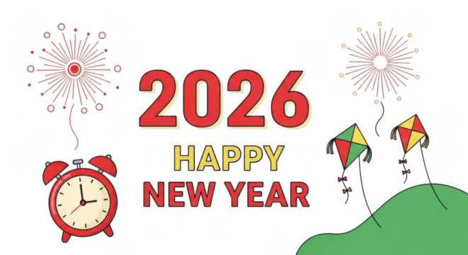 Happy new year 2026 with fireworks, kites, and alarm clock, isolated on transparent background