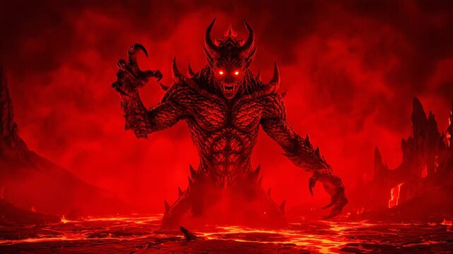 Menacing demon with glowing eyes emerges from a fiery lava pit. Epic fantasy monster in a red hellscape. Vertical video animation of an evil creature