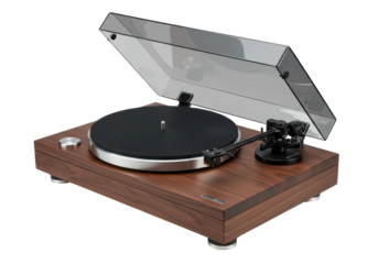 Isolated audiophile vintage turntable, vinyl record player with hinged transparent cover