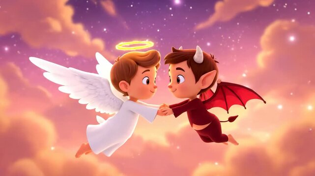 A cute cartoon angel and devil flying together in a magical sky. Opposites meet and hold hands in friendship. The concept of good and evil in harmony and balance