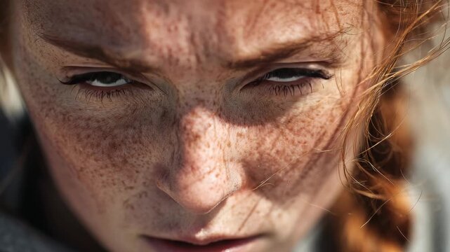 Intense gaze of a woman with striking freckles and red hair