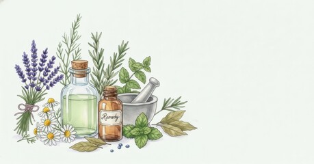 Herbal medicine illustration showcasing rosemary, lavender and chamomile with various essential oils and containers.