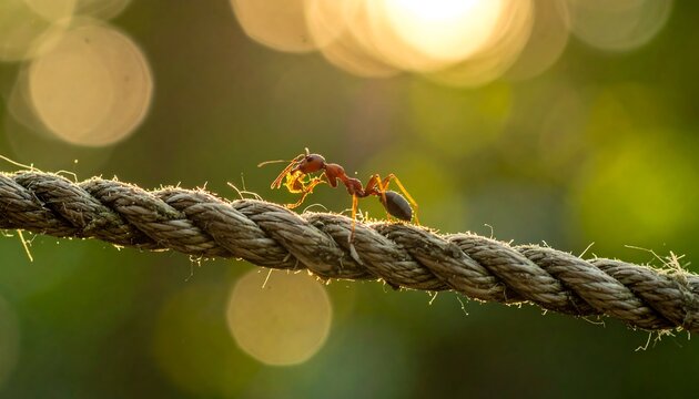 A close-up shot shows a red ant walking on a thick rope, lit by sunlight against a blurred background of out-of-focus light