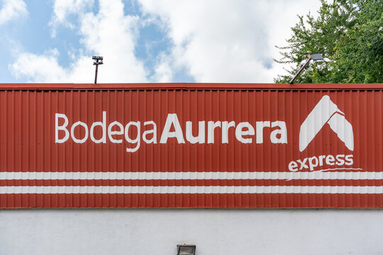 facade of the Bodega Aurrera Express store, people leaving the Aurrera super market, Guadalajara, Jalisco, Mexico, October 13, 2025.