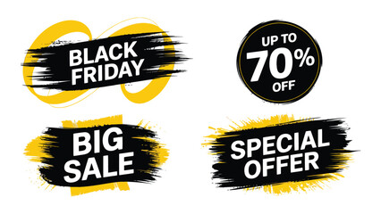 black friday promotional set with bold white text on black and yellow brushstroke banners, includes big sale, special offer and 70% off