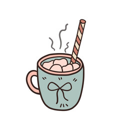 Cozy romantic cup with hand-drawn doodle illustration. Hot drink with marshmallows, cute bow, and straw. Perfect for cards, stickers, posters, and festive cozy designs.