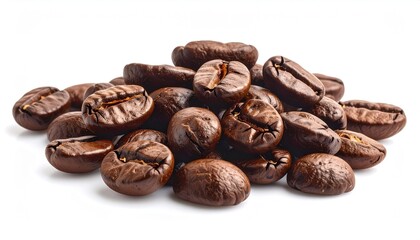 Fototapeta premium A close-up shot reveals a heap of roasted coffee beans, isolated on a bright white backdrop