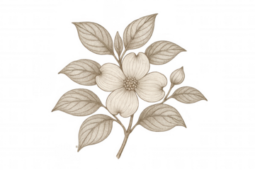 Dogwood flower branch drawing, vintage botanical illustration, sepia sketch, nature plant artwork, transparent background