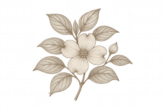 Dogwood flower branch drawing, vintage botanical illustration, sepia sketch, nature plant artwork, transparent background