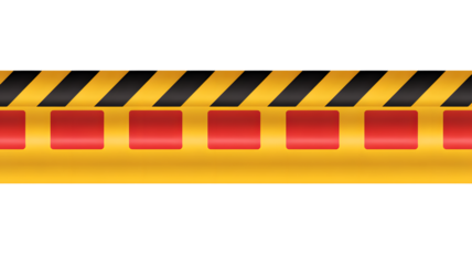 Yellow and black striped hazard tape with red warning lights isolated on transparent background