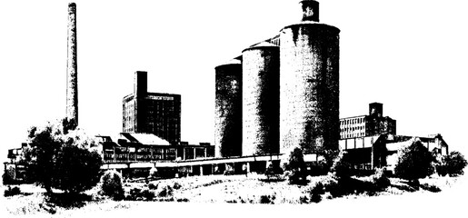 Obraz premium Industrial landscape with factory silos in high contrast black and white illustration