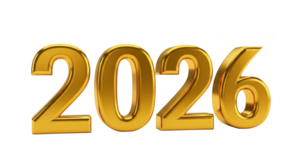 Golden 3d render of the number 2026, isolated on transparent background, representing the upcoming new year and future financial or business success grainy
