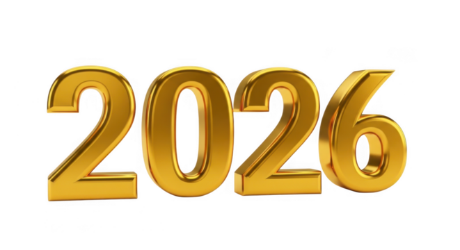 Golden 3d render of the number 2026, isolated on transparent background, representing the upcoming new year and future financial or business success grainy