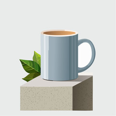 White Mug with Grey Handle on a Textured Block with Green Leaves.
