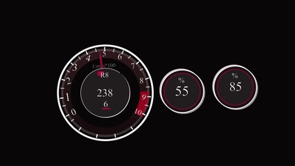 Car dashboard rpm gauge animation speedometer percentage meters digital display hud interface motion. Animated car dashboard rpm gauge speedometer percentage meters digital display. - Powered by Adobe