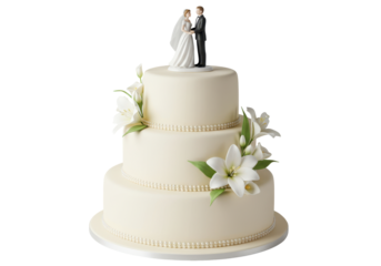 Isolated three-tier wedding cake decorated with white lilies and miniature bride and groom figures