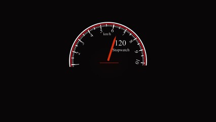 Animated stopwatch speedometer 55 kmh gauge meter digital dashboard countdown timer U I U X design. Digital speedometer stopwatch animation 55 kmh red needle dashboard technology interface meter. - Powered by Adobe