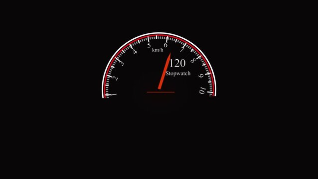 Animated stopwatch speedometer 55 kmh gauge meter digital dashboard countdown timer U I U X design. Digital speedometer stopwatch animation 55 kmh red needle dashboard technology interface meter.