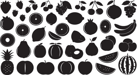 Fototapeta premium Minimal Black Fruit Silhouette Vector Collection — Tropical and Citrus Fruits Icons for Healthy Food, Organic Design, and Modern Patterns