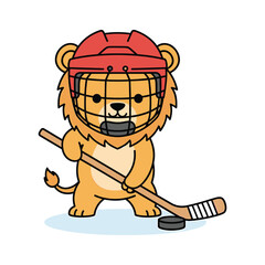 Cartoon lion playing ice hockey with stick and puck animal character