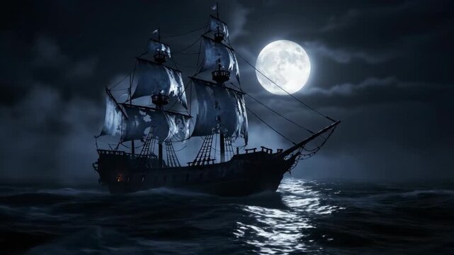 A ghostly pirate ship sailing on a stormy sea at night. An ancient galleon with tattered sails under a full moon. Dark fantasy and horror animation concept