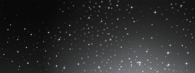 Dark night sky background with white stars and sparkles pattern. Starlight particles create glowing texture with cosmic dust effect. Vector galaxy illustration with bright stellar glow.