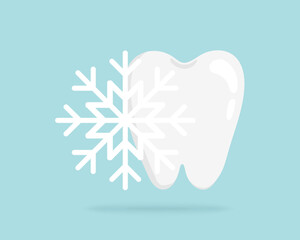 Cold sensitive teeth icon. Vector illustration of tooth with snowflake symbol representing enamel damage, cold reaction, and dental sensitivity.
