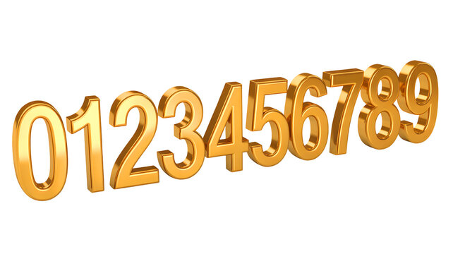 Golden metallic numbers zero to nine arranged in a sequence isolated on transparent background