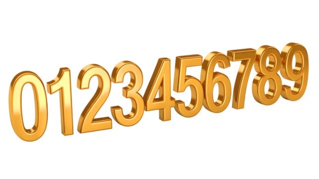 Golden metallic numbers zero to nine arranged in a sequence isolated on transparent background