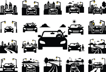 Car Driving Silhouette Set | Driver Vector Icons & Automotive Travel Lifestyle Clipart