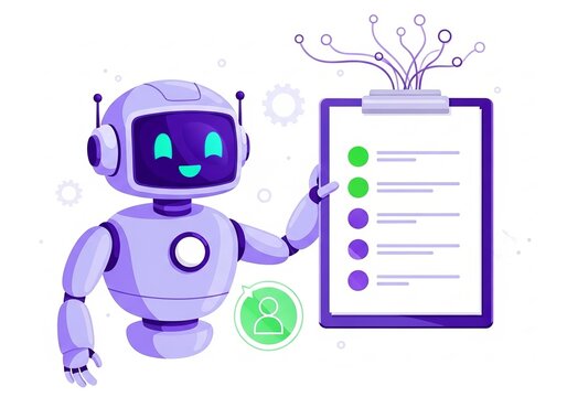 Friendly robot assistant presents a digital checklist with binary code and circuitry elements