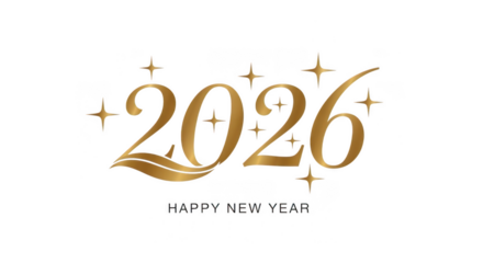 Happy new year 2026 golden logo isolated on transparent background decorative design for greeting card, invitation, calendar, and other holiday projects