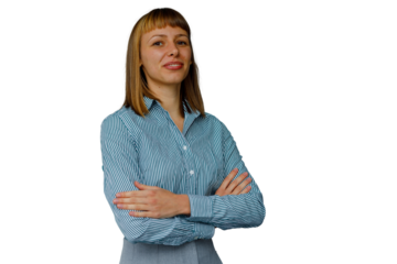 Professional female entrepreneur posing with confidence, looking at camera. Woman wearing business casual attire, isolated on transparent background