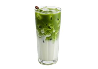 Isolated refreshing matcha latte with ice cubes and a coffee bean for a refreshing drink