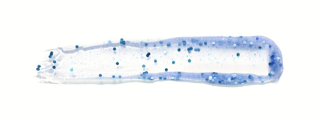 Close-up of transparent blue glitter gel makeup swatch with sparkling particles.